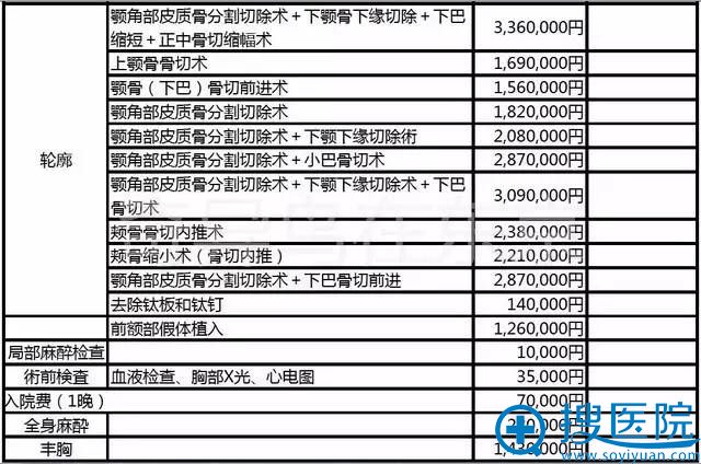 中北信昭面部轮廓/丰胸整形价格表